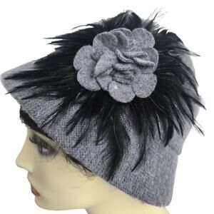 August Hat Company Cloche Gray Black Wool Feather Retro Knit Felt NEW $50